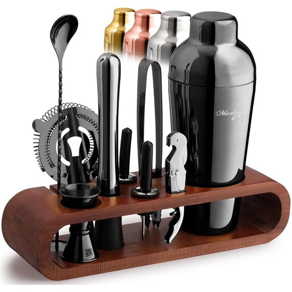 Other - Cocktail Shaker Set with Dark Bamboo Stand - Professional 10-Piece Bartender Kit